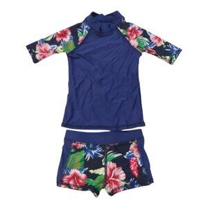 Kids Navy Floral Rash Guard Swim Set Toddler Size Medium 2T–3T 3/4 Sleeve Top